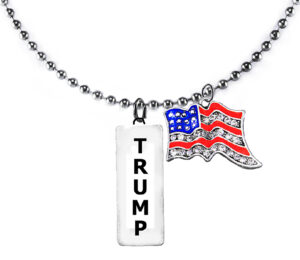 Trump, Vertical Silvertone Charm, Genuine Austrian Cut Crystal American Flag On A Ball Chain Necklace, 18-21 Inches, What A Wonderful Gift For Yourself, Or A Friend, Or A Family Member, Or As A Donor Gift. Hypoallergenic-Safe, No Nickel, Lead Or Cadmium In The Metal. ©2023 FREE SHIPPING