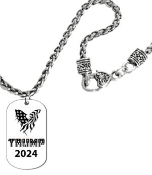 Trump 2024, American Flag Eagle Silvertone Dog Tag On A Antique Wheat Chain Necklace, 18 Inches, What A Wonderful Gift For Yourself, Or A Friend, Or A Family Member, Or As A Donor Gift. Hypoallergenic-Safe, No Nickel, Lead Or Cadmium In The Metal. ©2023 FREE SHIPPING