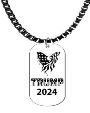 Trump 2024, American Flag Eagle Silvertone Dog Tag On A Black Anodized Box Necklace, 18-21 Inches, What A Wonderful Gift For Yourself, Or A Friend, Or A Family Member, Or As A Donor Gift. Hypoallergenic-Safe, No Nickel, Lead Or Cadmium In The Metal. ©2023 FREE SHIPPING