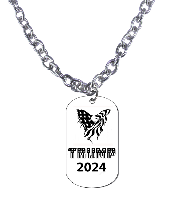 Trump 2024, American Flag Eagle Silvertone Dog Tag On A Large Cable Chain Necklace, 18 Inches,What A Wonderful Gift For Yourself, Or A Friend, Or A Family Member, Or As A Donor Gift. Hypoallergenic-Safe, No Nickel, Lead Or Cadmium In The Metal. ©2023 FREE SHIPPING