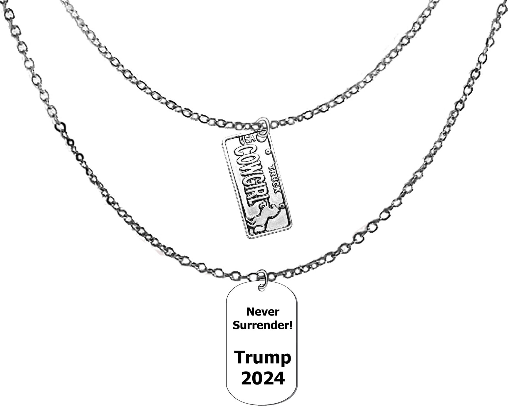 Cowgirl Truck License Plate, Never Surrender Dog Tag, Trump 2024 On A Adjustable Double Silvertone Cable Chain Necklace. What A Great Gift For Yourself, Or A Friend, Or A Family. Member, Or A Donor Gift. Hypoallergenic, No Nickel, Lead, Or Cadmium In The Metal. ©2024