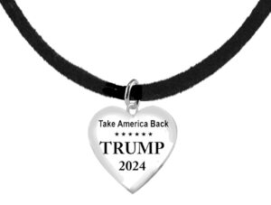 Take America Back, Trump 2024, On A Heart On A Genuine Black Suede Adjustable Necklace. What A Great Gift For Yourself, Or A Friend Or Family Member or Donor Gift. Hypoallergenic, No Nickel, Lead, Or Cadmium In The Metal. ©2024