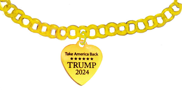 Take America Back, Trump 2024, On A Heart On A Adjustable 14KT Goldtone Rollo Chain Bracelet. What A Great Gift For Yourself, Or A Friend Or Family Member. Hypoallergenic, No Nickel, Lead, Or Cadmium In The Metal. ©2024