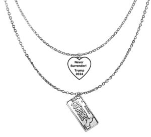 Never Surrender, Cowgirl Truck License Plate On A Adjustable Double Silvertone Cable Chain Necklace. What A Great Gift For A Friend Or Family. Hypoallergenic, No Nickel, Lead, Or Cadmium In The Metal. ©2024