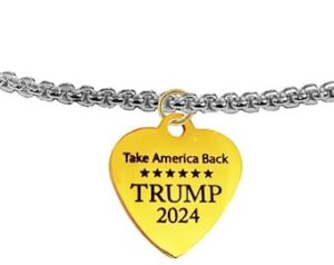 Take America Back…Trump 2024, On A Gold Heart, Adjustable Beautiful Shiny Silver Box Chain Necklace. What A Wonderful Gift For Yourself, Or A Friend, Or A Family Member, Or As A Donor Gift. Hypoallergenic, Nickel,Lead Free©2022
