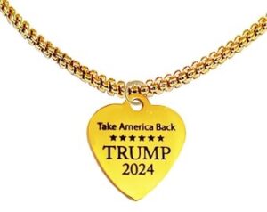 Take America Back…Trump 2024 On A Gold Heart, Adjustable Gold Box Chain Necklace. What A Wonderful Gift For Yourself, Or A Friend, Or A Family Member, Or As A Donor Gift. Hypoallergenic. Metal Is Nickel, Lead, And Cadmium Free.