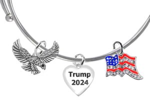 Austrian Cut Crystal, Genuine, Flying American Eagle , American Flag, And Trump 2024 Heart On A Adjustable  Fashion Miracle Wire Bracelet,  What A Wonderful Gift For Yourself, Or A Friend, Or A Family Member, Or As A Donor Gift. hypoallergenic. No Nickel, No Lead, And No Cadmium In The Metal.  ©2023