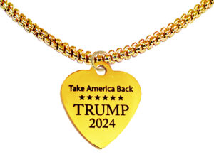 Take America Back…Trump 2024 On A Gold Heart, Adjustable Gold Box Chain Necklace. What A Wonderful Gift For Yourself, Or A Friend, Or A Family Member, Or As A Donor Gift. Hypoallergenic. Metal Is Nickel, Lead, And Cadmium Free.