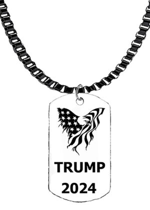 American Flag Eagle, Trump 2024 Dog Tag On A Black Anodized Box Chain,  What A Wonderful Gift For Yourself, Or A Friend, Or A Family Member, Or As A Donor Gift. Hypoallergenic-Safe, No Nickel. Lead, Or Cadmium In The Metal.©2023 #F