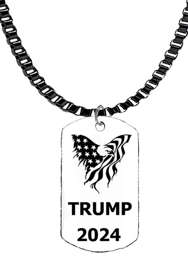 American Flag Eagle, Trump 2024 Dog Tag On A Black Anodized Box Chain,  What A Wonderful Gift For Yourself, Or A Friend, Or A Family Member, Or As A Donor Gift. Hypoallergenic-Safe, No Nickel. Lead, Or Cadmium In The Metal.©2023 #F