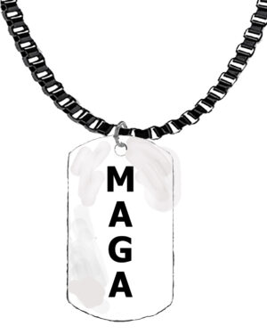 MAGA, MAKE AMERICA GREAT AGAIN, Dog Tag On A Adjustable (18 Inches To 21 Inches) Black Anodized Box Chain.  What A Wonderful Gift For Yourself, Or A Friend, Or A Family Member, Or As A Donor Gift.Hypoallergenic-Safe, No Nickel. Lead, Or Cadmium In The Metal.©2023 #J