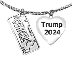 Cowgirls For Trump, Cowgirls Truck License Plate On A Adjustable Necklace, What A Wonderful Gift For Yourself, Or A Friend, Or A Family Member, Or As A Donor Gift. Nickel, Lead, And Poisonous Cadmium Free. FREE SHIPPING! ©2022