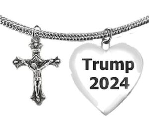 Crucifix, Trump 2024 Heart, Adjustable Snake Chain Necklace, 18 Inches To 21 Inches. Hypoallergenic, Nickel, Lead, And Cadmium Free©2024