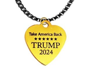 Take America Back…Trump 2024, On Gold Heart, Adjustable Black Anodized Box Chain Necklace. What A Wonderful Gift For Yourself, Or A Friend, Or A Family Member, Or As A Donor Gift. Hypoallergenic. No Nickel, Lead, Or Cadmium