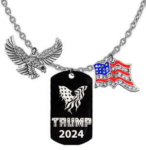 Trump 2024 Black Dog Tag, Genuine Austrian Cut Crystal Covers The Eagle And The American Flag On A Small Cable Chain, Adjustable 18-21 Inches. What A Wonderful Gift For Yourself, Or A Friend, Or A Family Member, Or Donor Gift. Hypoallergenic-Safe, No Nickel, Lead, Or Cadmium In The Metal ©2023