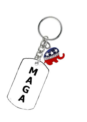 MAGA Stainless Steel Dog Tag Keychain With The Republican Genuine Austrian Crystal Red , White, And Blue Elephant ©2024