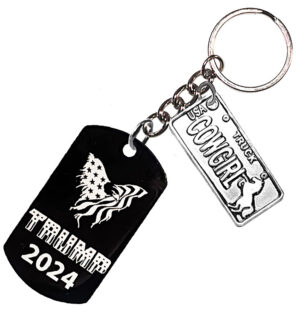 American Flag Flying Eagle With A Cowgirl License Plate On A Black Stainless Steel Dog Tag Keychain ©2024