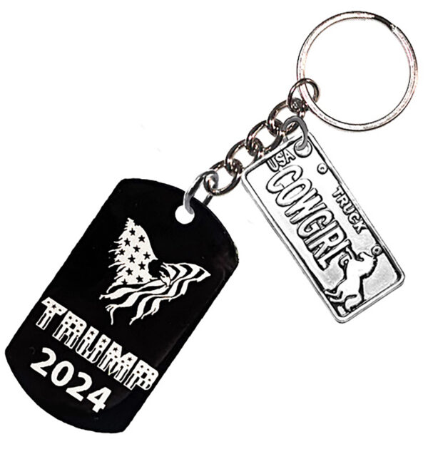 American Flag Flying Eagle With A Cowgirl License Plate On A Black Stainless Steel Dog Tag Keychain ©2024