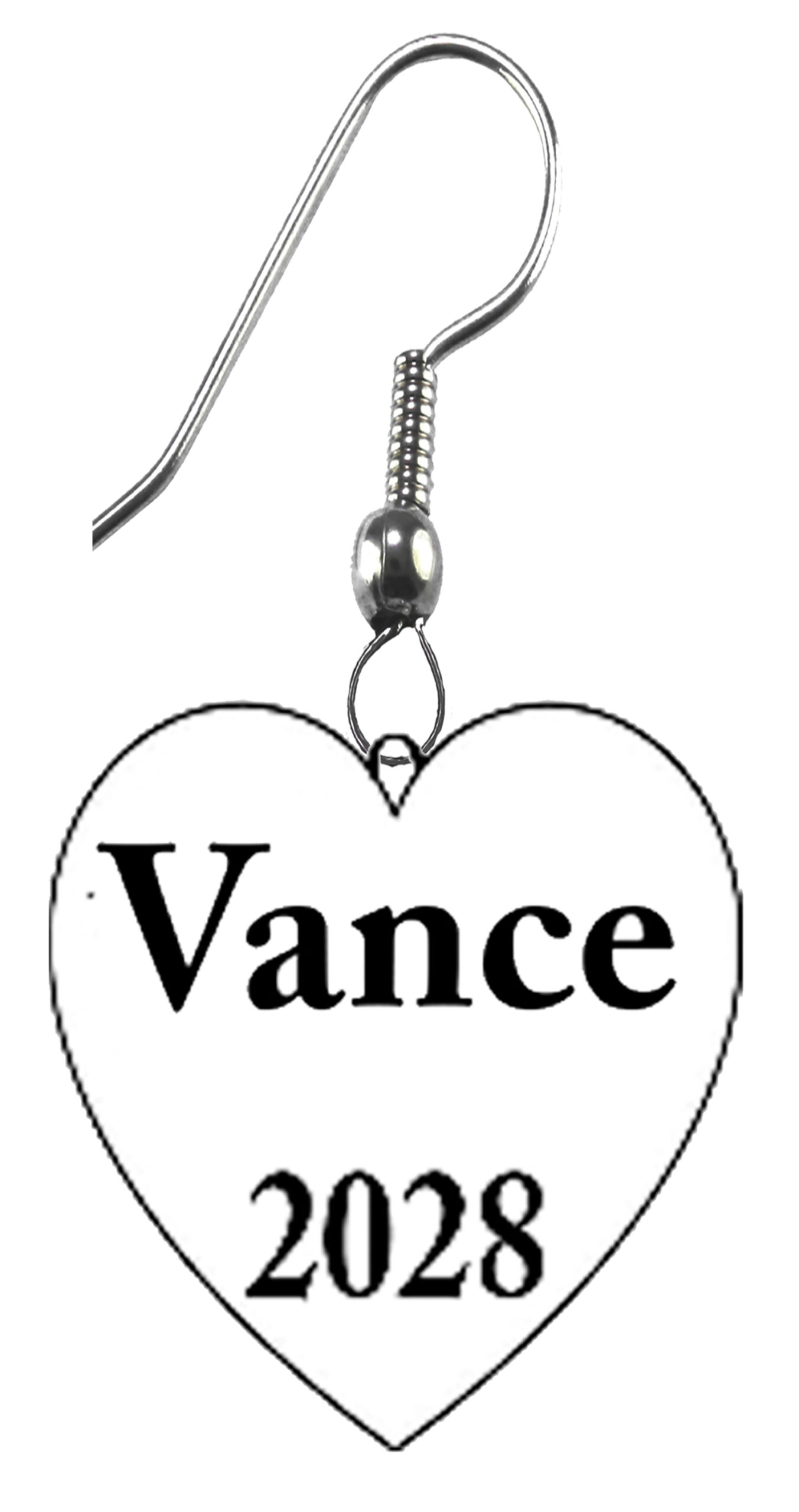 Vance 2028, For President, Silvertone Heart On A Fishhook Wire Earring.. What A Wonderful Gift For Yourself, Or Someone Special. Gift Ready Comes In A Black Velvet Bag. Hypoallergenic-Safe. No Nickel, Lead, Or Cadmium In The Metal. Neck Chain Adjusts From 18 Inches To 21 Inches. This Charm Is Available By Request on Bracelets, Earrings, Or Key Chains. Each Jewelry Items Is Made And Assembled When The Order Is Received. Large Orders Can Be Made In 1-5 Days. Handmade In The USA By Military Veterans. Copyright ©2025