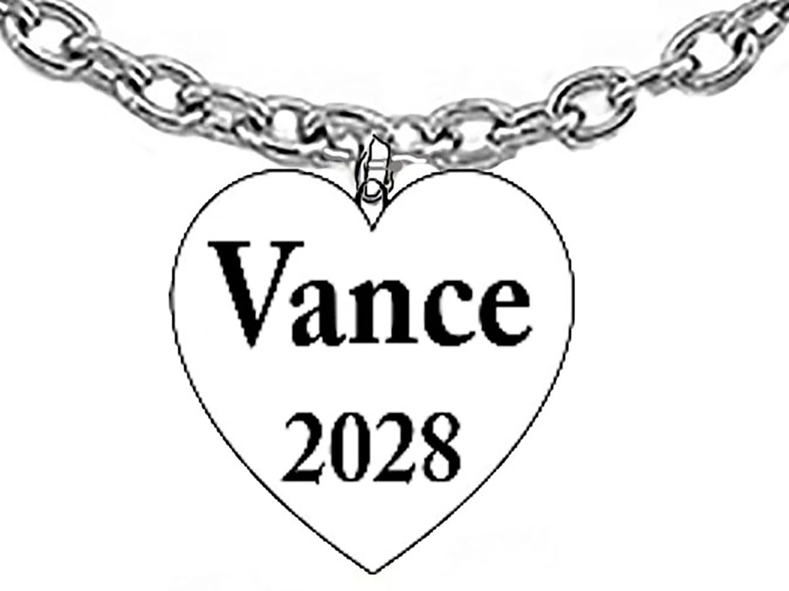 Vance 2028, For President, Silvertone Heart On A Adjustable Cable Chain Necklace. What A Wonderful Gift For Yourself, Or Someone Special. Gift Ready Comes In A Black Velvet Bag. Hypoallergenic-Safe. No Nickel, Lead, Or Cadmium In The Metal. Neck Chain Adjusts From 18 Inches To 21 Inches. This Charm Is Available By Request on Bracelets, Earrings, Or Key Chains. Each Jewelry Items Is Made And Assembled When The Order Is Received. Large Orders Can Be Made In 1-5 Days. Handmade In The USA By Military Veterans. Copyright ©2025