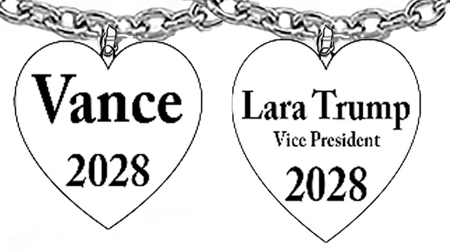 Vance 2028, For President, On The Back Of Charm, "Lara Trump Vice President , 2028", Silvertone Heart On A Adjustable Cable Chain Necklace. What A Wonderful Gift For Yourself, Or Someone Special. Gift Ready Comes In A Black Velvet Bag. Hypoallergenic-Safe. No Nickel, Lead, Or Cadmium In The Metal. Neck Chain Adjusts From 18 Inches To 21 Inches. This Charm Is Available By Request on Bracelets, Earrings, Or Key Chains. Each Jewelry Items Is Made And Assembled When The Order Is Received. Large Orders Can Be Made In 1-5 Days. Handmade In The USA By Military Veterans. Copyright ©2025
