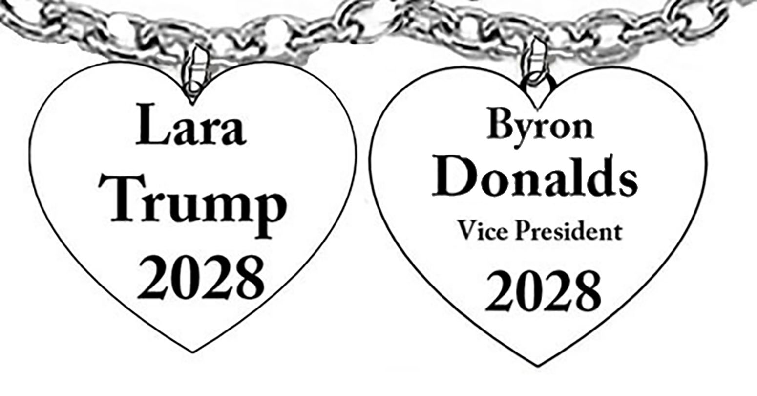 Lara Trump 2028, For President, On The Back Of Charm, “ Byron Donalds Vice President , 2028 ”, Silvertone Heart On A Adjustable Cable Chain Necklace. What A Wonderful Gift For Yourself, Or Someone Special. Gift Ready Comes In A Black Velvet Bag. Hypoallergenic-Safe. No Nickel, Lead, Or Cadmium In The Metal. Neck Chain Adjusts From 18 Inches To 21 Inches. This Charm Is Available By Request on Bracelets, Earrings, Or Key Chains. Each Jewelry Items Is Made And Assembled When The Order Is Received. Large Orders Can Be Made In 1-5 Days. Handmade In The USA By Military Veterans. Copyright ©2025